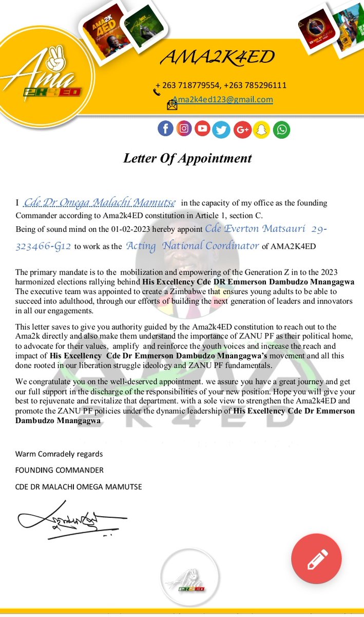 EvertonMutsauri's tweet photo. Appointment welcomed.I am honoured to serve Ama2k4ED and @ZANUPF_Official . Will work towards the attainment of 1 million virgin voters for ED. https://t.co/SxN8wWq1gQ