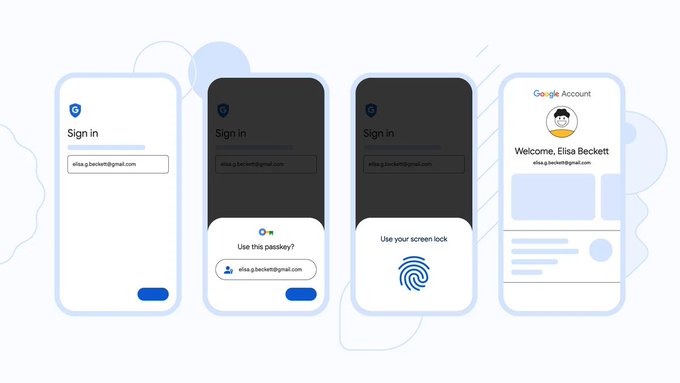 Vemos ilustraciones de la interfaz de la nueva función de claves de acceso de Google. 