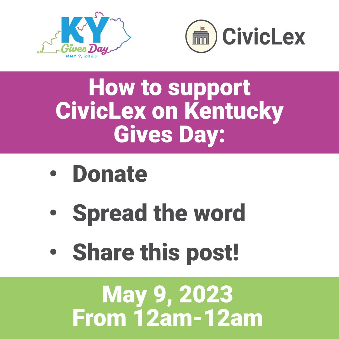 civic_lex's tweet photo. 📣Reminder that tomorrow is Kentucky Gives Day! There are many different ways to support us tomorrow; donate to our Kentucky Gives Day page at https://t.co/5D1UxXb6oZ, tell people you know about us, and/or share our posts. We appreciate support in any form for #KentuckyGivesDay! https://t.co/R37pbt3onT