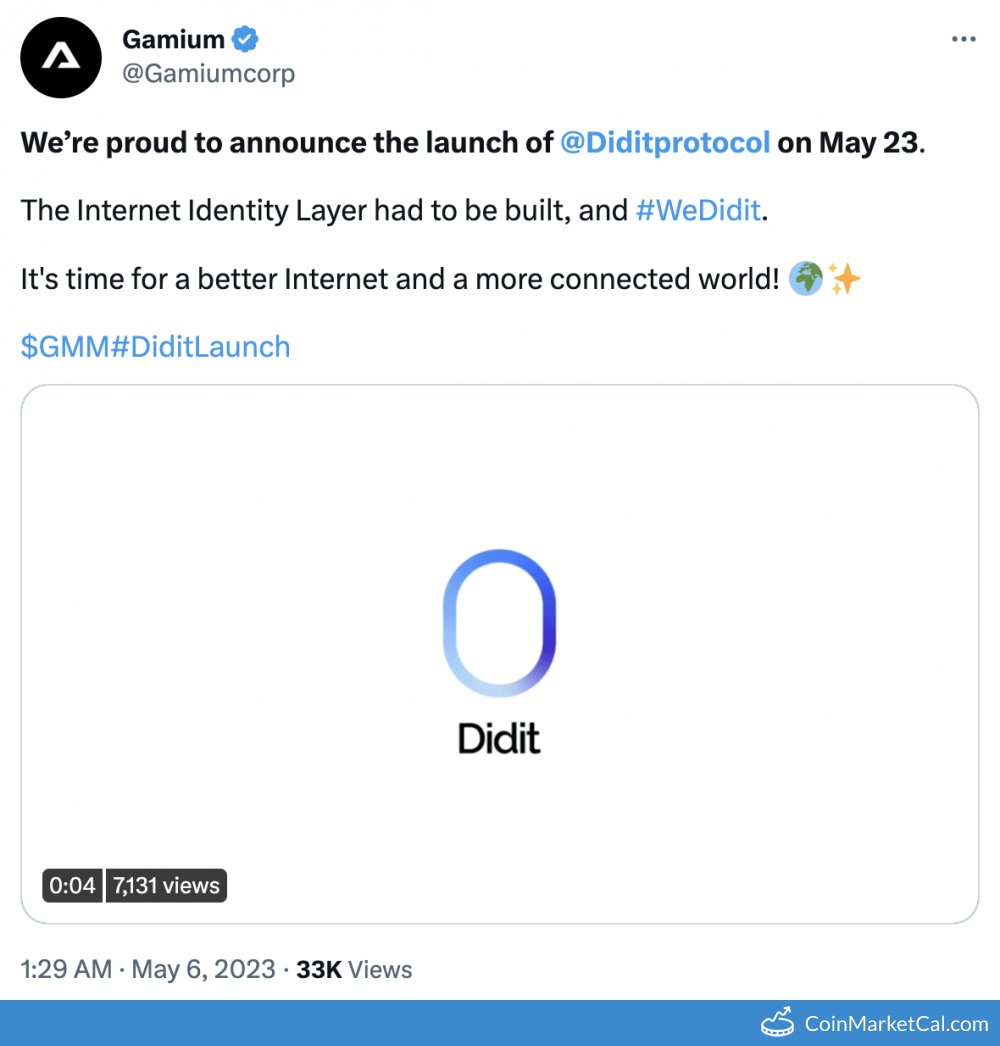 🆕 New Gamium $GMM event! 
 
23 May 2023 
Didit Protocol Launch  
 
Source: coinmarketcal.com/en/event/didit…