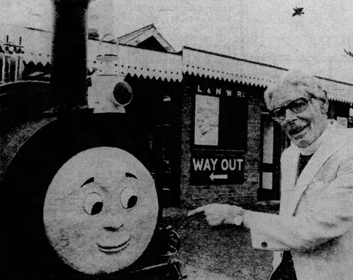 The Reverend Wilbert Awdry pays a visit to the Tallylyn Railway, one of the inspirations for his books, to see one of its locomotives decorated as the character Sir Handel.

Cambridge Evening News, September 4 1984