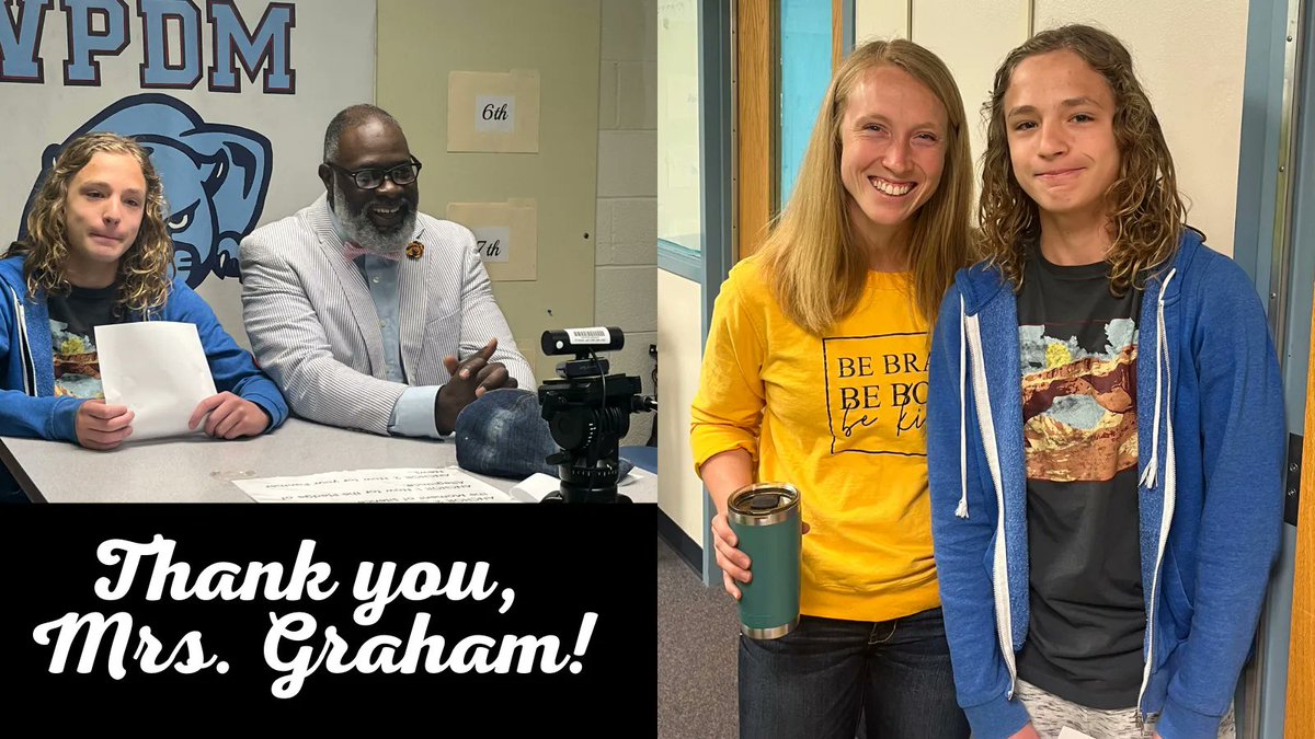 PiedmontMSNC's tweet photo. Mrs. Graham, drama teacher, was chosen by 7th grader Eli Tudor to spotlight on our morning announcements. Thank you, Mrs. Graham, for working with our students and bringing out their talent and creativity! #PdMSRocks @aghoulihan @ucpsnc #TeacherAppreciationWeek2023 https://t.co/AHBZRj4MIz