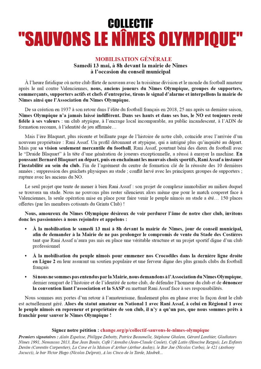 Gladiators1991's tweet photo. 🔴 Les GN91 rejoignent le collectif "Sauvons le Nîmes Olympique".

Rendez-vous à tous les Nîmois ce samedi 13 mai à 8h devant la mairie de Nîmes, à l'occasion du conseil municipal, pour dénoncer la future vente du stade à Rani Assaf, le fossoyeur du Nîmes Olympique. https://t.co/u6tT2q89LF