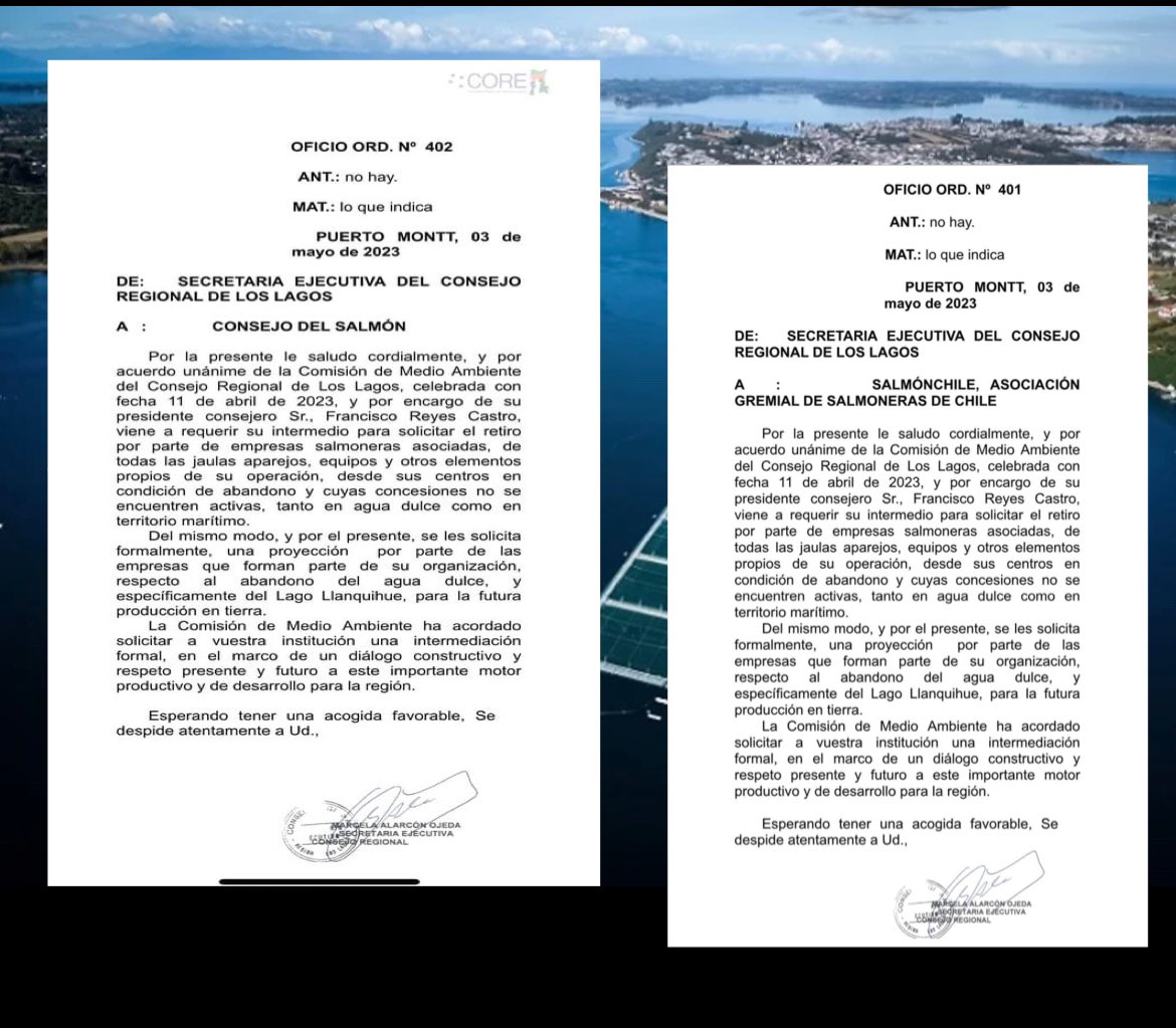 ❗️Defendamos Patagonia❗️ (@defendamschiloe) on Twitter photo Excelente 👏
👉🏻Comisión de medioambiente del <a href="/GoreLosLagos/">Gore Los Lagos</a> ofició a SALMONERAS para retiro de cuerpos de agua dulce y TODO EL TERRITORIO MARÍTIMO los centros , jaulas y todo material abandonado/contaminante
👉🏻Además solicitaron plan de abandono de #LagoLlanquihue
<a href="/Giovimoreira/">Giovanna Moreira A.</a> Excelente 👏
👉🏻Comisión de medioambiente del <a href="/GoreLosLagos/">Gore Los Lagos</a> ofició a SALMONERAS para retiro de cuerpos de agua dulce y TODO EL TERRITORIO MARÍTIMO los centros , jaulas y todo material abandonado/contaminante
👉🏻Además solicitaron plan de abandono de #LagoLlanquihue
<a href="/Giovimoreira/">Giovanna Moreira A.</a>
