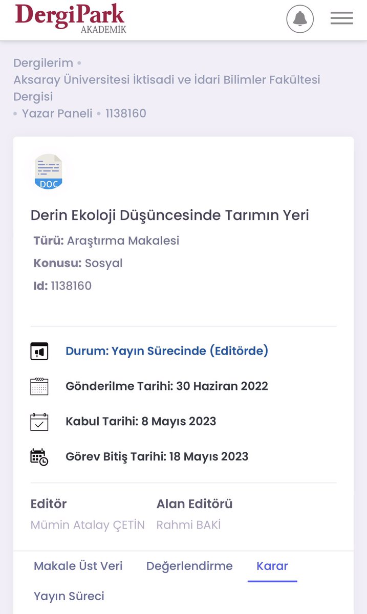 “Kentsel Tarımın Derin Ekoloji Kapsamında İncelenmesi” isimli makalemiz dergide yayınlanmak üzere kabul aldı. Tüm okuyuculara şimdiden keyifli okumalar diliyorum…