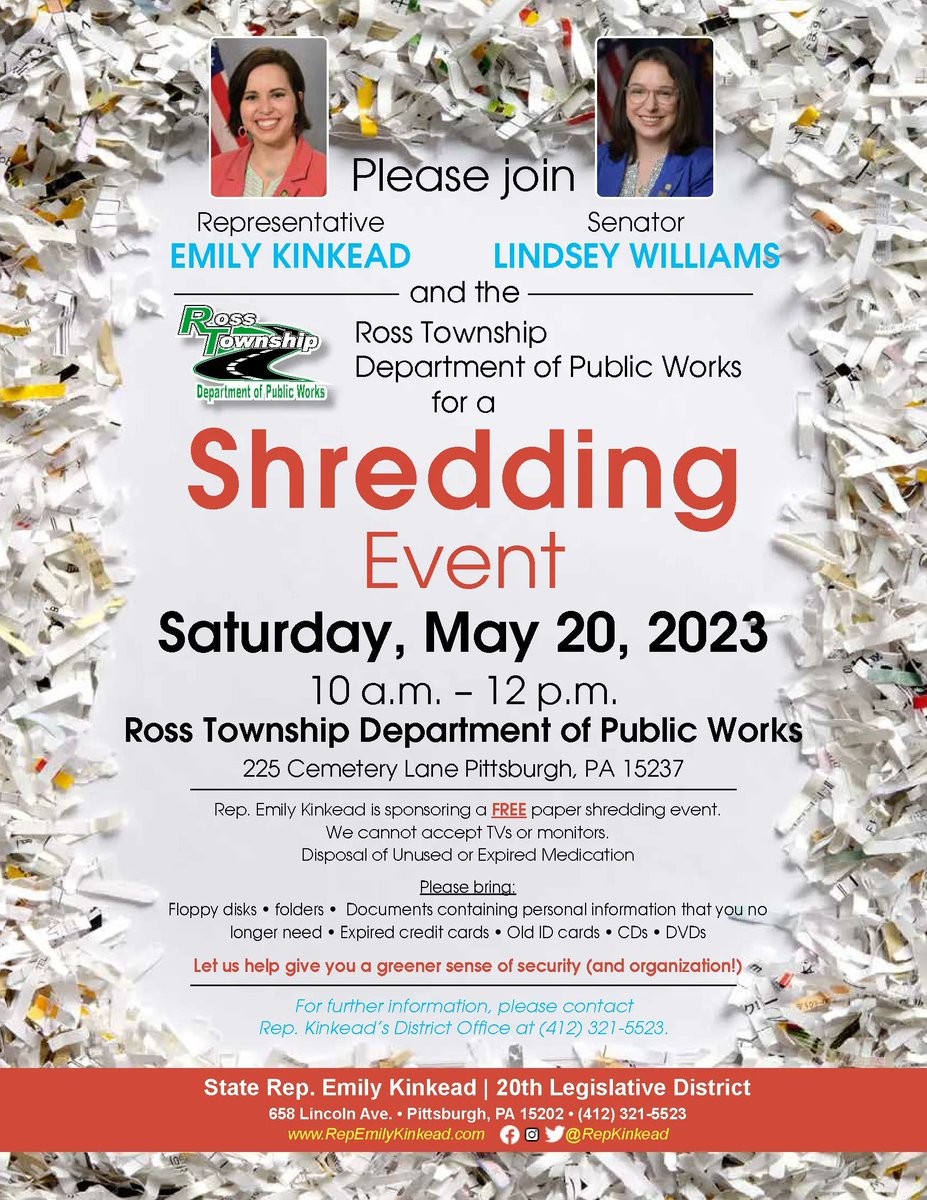 Lindsey Williams (@senwilliamspa) on Twitter photo Are your personal documents piling up? Bring them to the FREE Shredding Event I'm hosting w/ <a href="/RepKinkead/">Rep. Emily Kinkead</a> at the Ross Twp. Public Works Dept. on Saturday, May 20 so you can shred it and forget it! 📃📄📊 Are your personal documents piling up? Bring them to the FREE Shredding Event I'm hosting w/ <a href="/RepKinkead/">Rep. Emily Kinkead</a> at the Ross Twp. Public Works Dept. on Saturday, May 20 so you can shred it and forget it! 📃📄📊