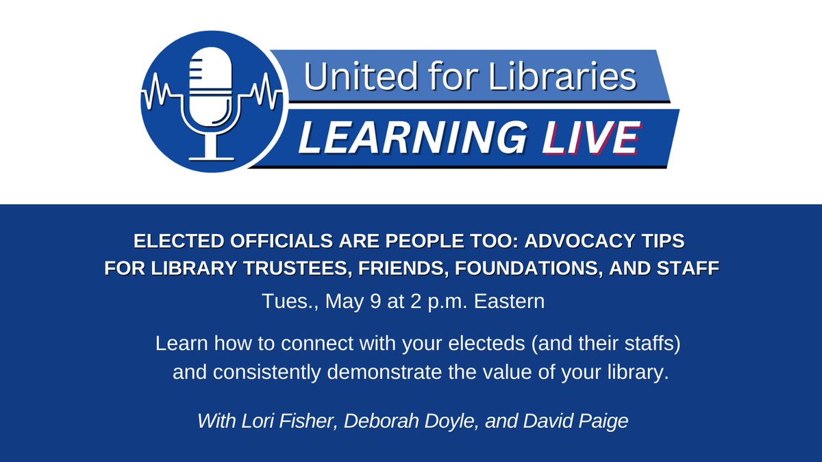 American Library Association (@alalibrary) on Twitter photo Strong relationships with your elected officials are key to library advocacy. Join <a href="/ala_united/">United for Libraries</a> for tips and strategies on connecting with electeds tomorrow at 2pm ET. Free to those in MA, MD, MI, NE, SC, SD, TX, MT, ND, NH, OR, VA, & WI. bit.ly/3ySBV4r Strong relationships with your elected officials are key to library advocacy. Join <a href="/ala_united/">United for Libraries</a> for tips and strategies on connecting with electeds tomorrow at 2pm ET. Free to those in MA, MD, MI, NE, SC, SD, TX, MT, ND, NH, OR, VA, & WI. bit.ly/3ySBV4r