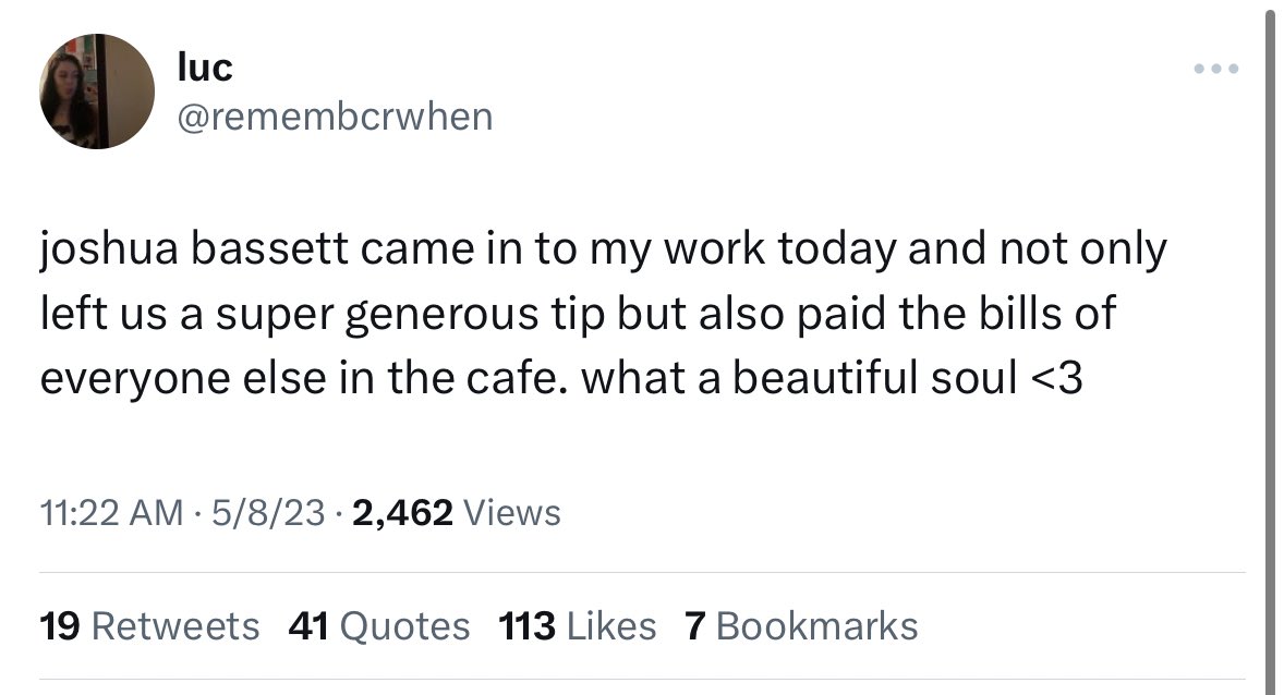bqssett's tweet photo. joshua bassett paying for people’s treats meals will always be something so special to me❤️‍🩹 https://t.co/f7UwjTr026