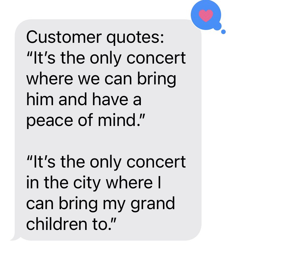 Some quotes from attendees at our @XeniaConcerts show on Sunday. Hard to know how to feel. It’s good that we’re fulfilling a need, but Xenia shouldn’t have a near-monopoly on concerts people feel comfortable bringing their young and/or Autistic children to. We can all do better.