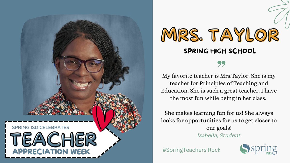 SpringISD's tweet photo. @Jenkins_Jaguars 🎉Give it up for Mrs. Taylor from @SPRINGHIGHLIONS 💚🦁! Read what Isabella, one of her students has to say about her ❤️. 
#SpringISD #SpringTeachersRock #TeacherAppreciationWeek 
@Jhemphill_SHS @SpringISD_CTE @LTaylorCTE https://t.co/39TTOmgmLo