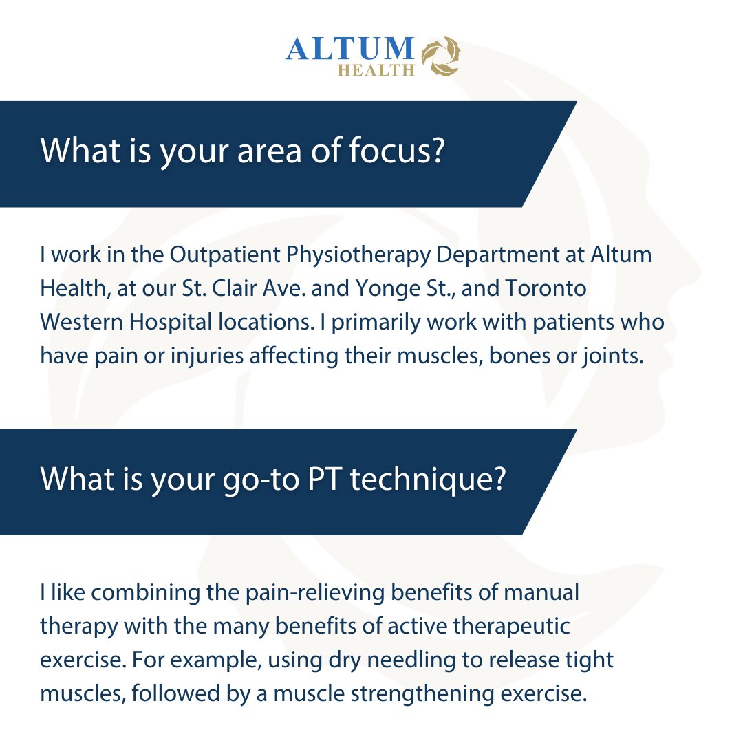 AltumHealth's tweet image. Meet Laura, Physiotherapist from our outpatient clinics at St. Clair and Toronto Western Hospital. 

"I like combining the pain-relieving benefits of manual therapy with the many benefits of active therapeutic exercise."

#physiotherapymonth #physiotherapy #PTMonth