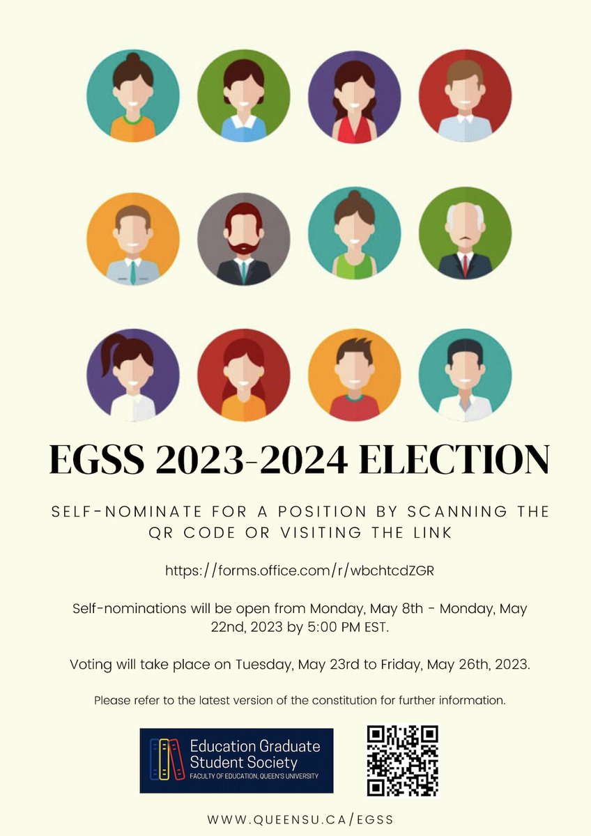 Queen's EGSS (@queensegss) on Twitter photo 📢 The EGSS 2023-2024 self-nomination election is NOW OPEN until May 22, 2023. Joining EGSS is a great way to meet others, build community, and represent graduate students. You can self-nominate by scanning the QR code in the poster below or sending an email to egss@queensu.ca 😊 📢 The EGSS 2023-2024 self-nomination election is NOW OPEN until May 22, 2023. Joining EGSS is a great way to meet others, build community, and represent graduate students. You can self-nominate by scanning the QR code in the poster below or sending an email to egss@queensu.ca 😊