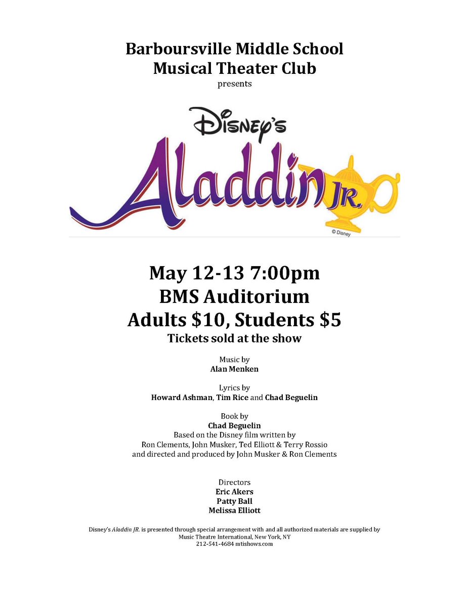Barboursville Middle to Present Disney's 'Aladdin Jr.' May 12-13