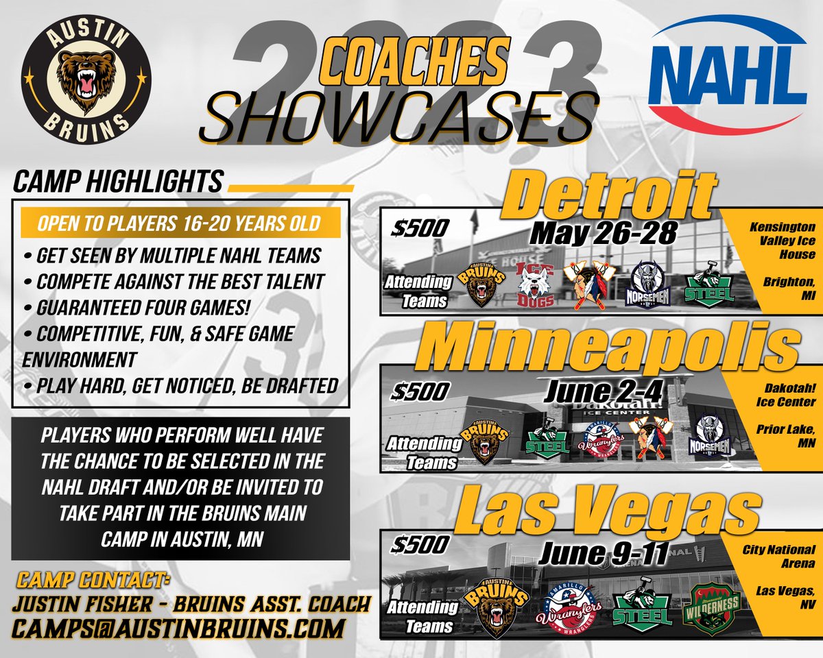 Looking to gain exposure in front of MULTIPLE NAHL Coaches? The 2023 Coaches Showcase is the best way to do so! The Showcases will be taking place in Detroit, Minneapolis, and Las Vegas! To sign up or for more information, visit the link below!

austinbruins.com/coaches-showca…