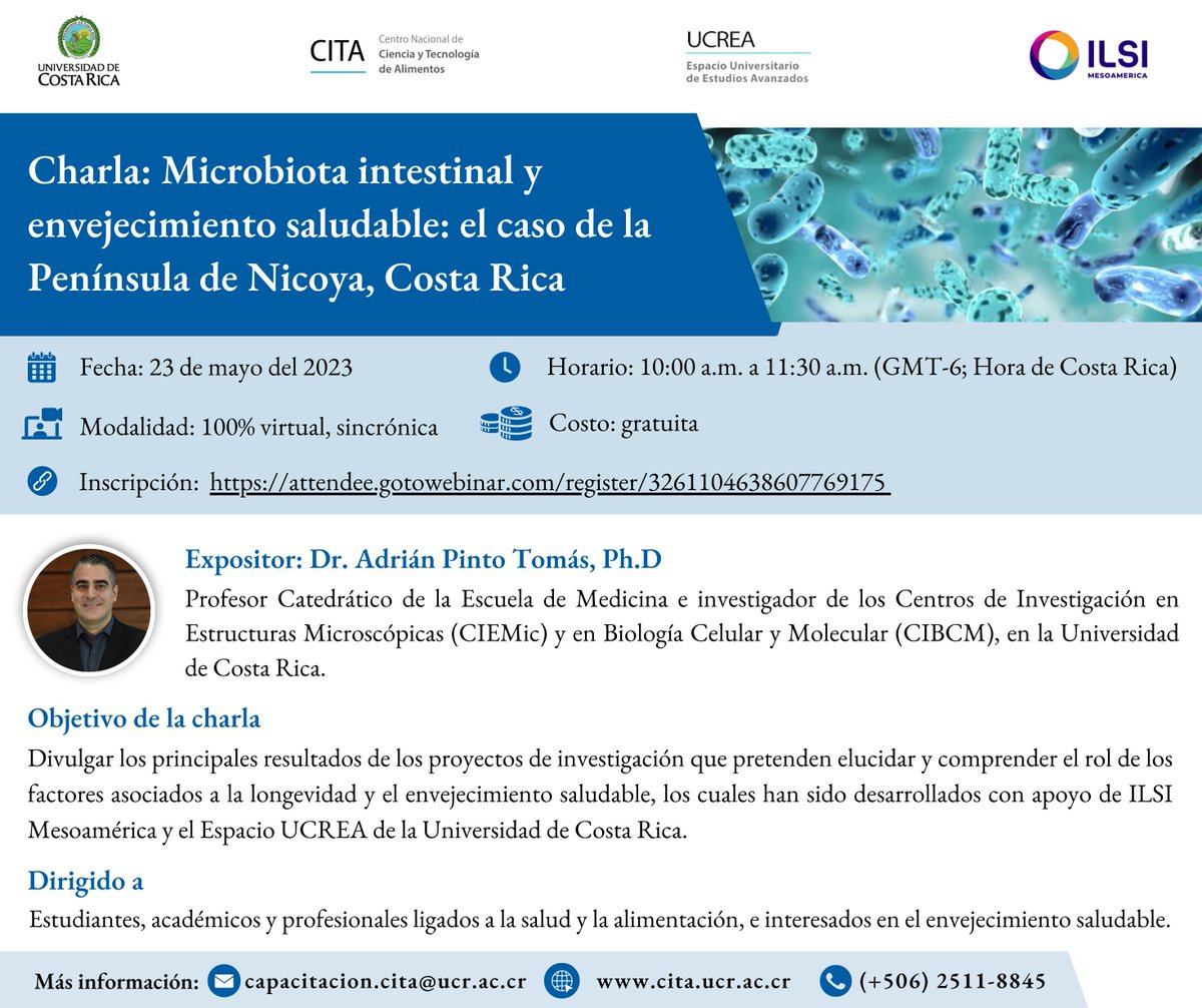 IlsiMesoamerica's tweet photo. Les invitamos a participar en la charla gratuita "Microbiota intestinal y envejecimiento saludable: el caso de la Península de Nicoya, Costa Rica"
📆23 de mayo
⏰10:00 a.m (Hora de Centroamérica)
💻https://t.co/epS8iNPXaE
#ILSIMesoamérica #ILSI #CITA #microbiotaintestinal https://t.co/7WCGTCvCJg