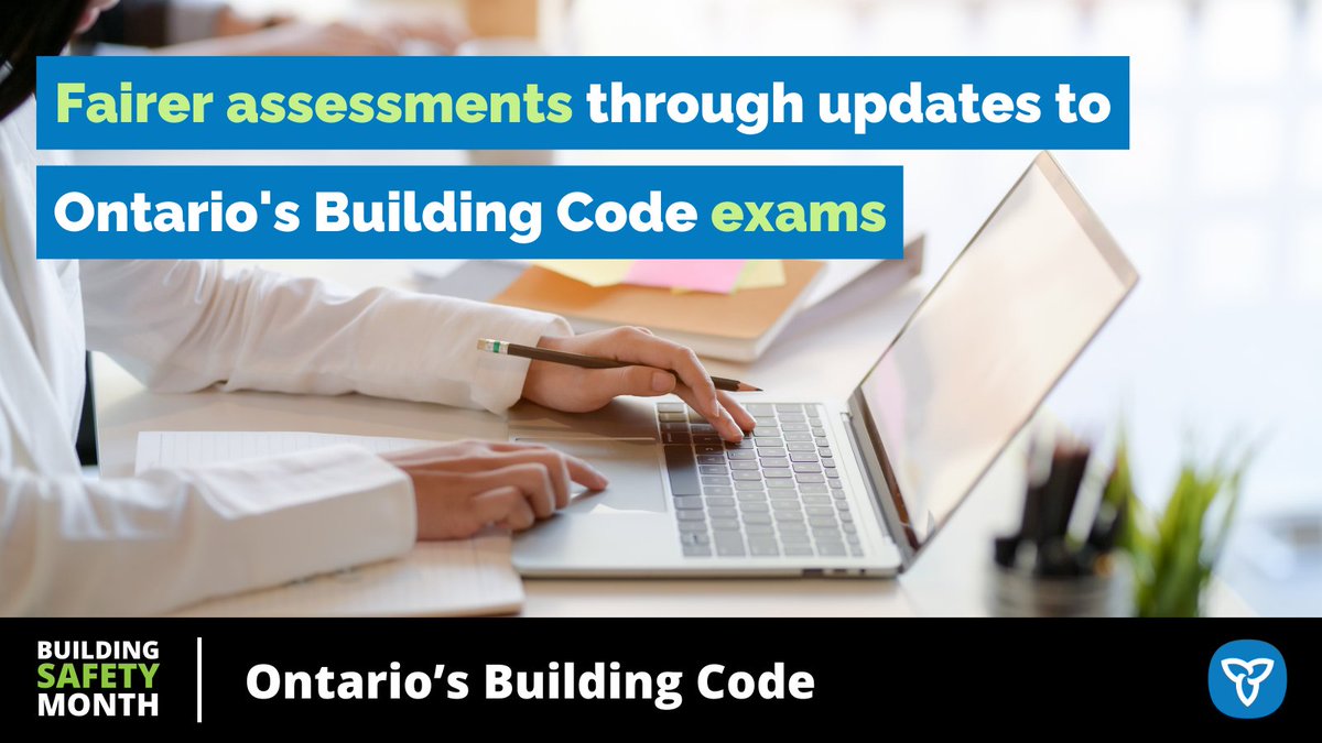 ONmunicipal's tweet image. ICYMI, Ontario’s change to #BuildingCode exams takes effect today. 📚
Candidates are now permitted to use digital OR hard copy versions of the Code during exams. We made this change to focus on testing Code knowledge instead of the ability to find references in a 2300-page book.