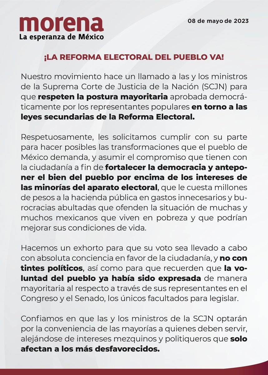 PartidoMorenaMx's tweet photo. Hacemos un llamado a la SCJN para que respete la voluntad democrática de la mayoría parlamentaria, que reformó las leyes electorales para evitar dispendios y reducir burocracias doradas.

Es momento de tomar decisiones a favor del pueblo, y no de las élites. https://t.co/0hIpBxP56s