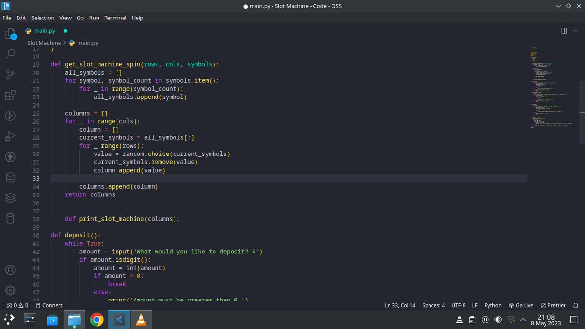 xxxineer's tweet image. Day 7 of 100 ✅️
Started working on this slot machine game, for Day 8 i am thinking about finishing it and start building my personal website with flask.
Whenever I'm coding it feels like I'm one with my laptop, such a beautiful feeling man
#100DaysOfCode #100DaysOfCodepython