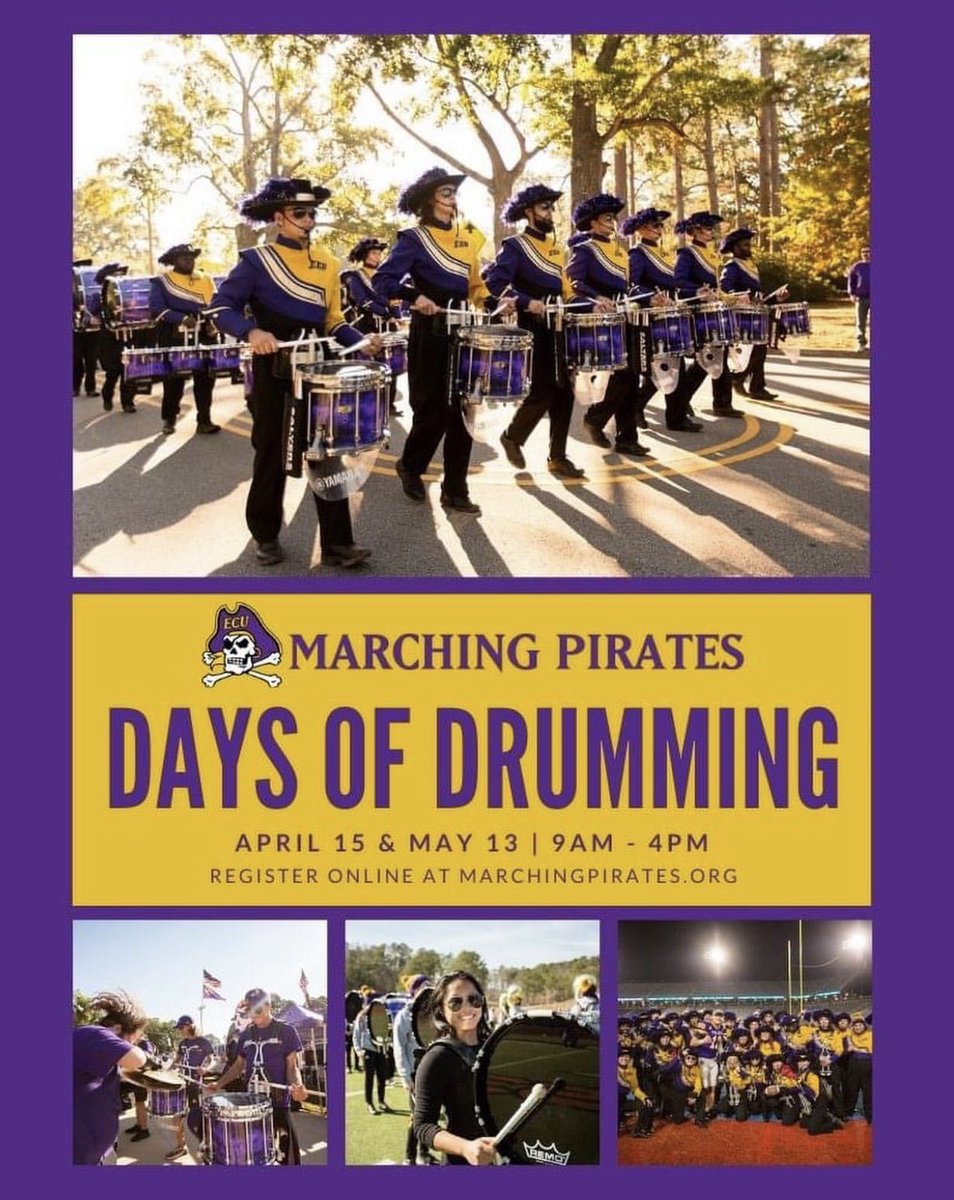 This Saturday May 13th is the ECU Marching Pirates Drumline second Day of Drumming!

You are able to sign up via the form on the Marching Pirates website ! 

marchingpirates.org/event/day-of-d…

🥁 

Go Pirates ! 🏴‍☠️☠️
