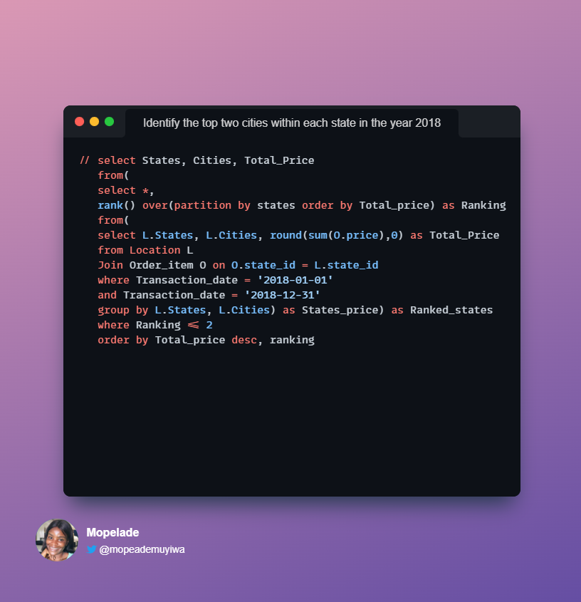 mopeademuyiwa's tweet image. 😏Hear me Out #datafam
Window functions simplify complex queries, I agree . They are easy to learn , they lied .
Here is the breakdown of the query:
#SQLMay #31daysofSQL #DataAnalytics