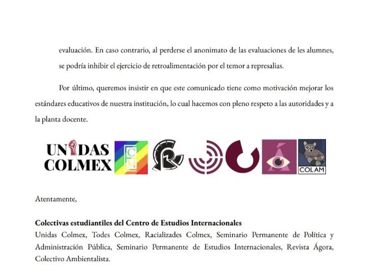 Comunicado por parte de las iniciativas estudiantiles respecto al correo mandado el pasado 4 de mayo de 2023 por parte de un profesor del CEI, como respuesta a la retroalimentación brindada por sus estudiantes a final del semestre pasado (diciembre 2022).
