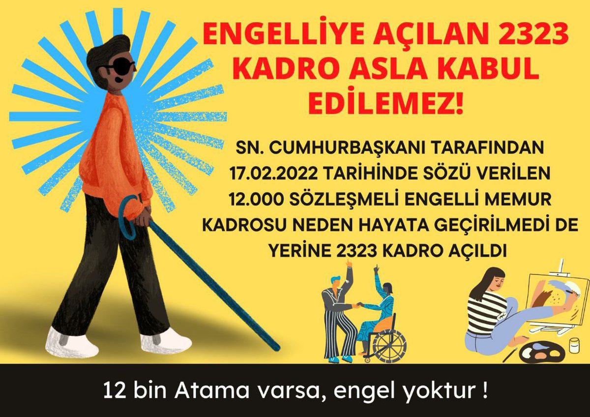 Sayın <a href="/RTErdogan/">Recep Tayyip Erdoğan</a> bizler evlerimizde oturmaktan artık yorulduk. Sosyal devlet anlayışını yerine getirmelisiniz. Engelliler sadece 10 mayısta hatırlanmasın.
<a href="/dbdevletbahceli/">Devlet Bahçeli</a>
<a href="/kilicdarogluk/">Kemal Kılıçdaroğlu</a>
<a href="/meral_aksener/">Meral Akşener</a>
#EKPSSKılavuzuAçıklansın