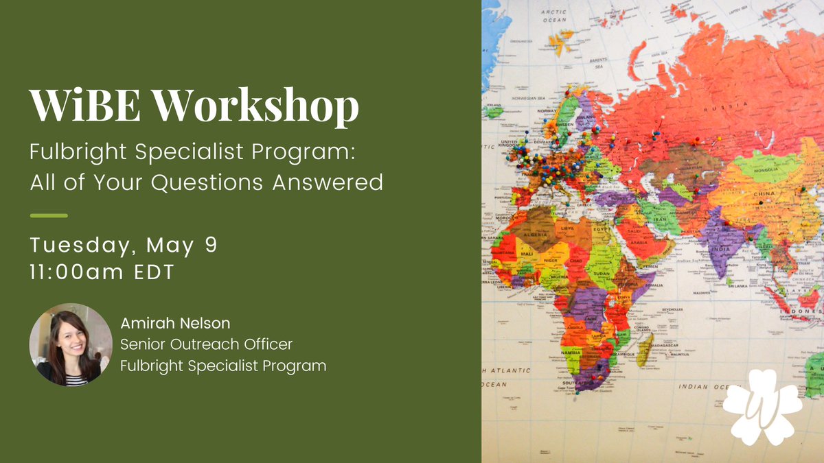 REMINDER: We have a workshop tomorrow, Thursday, May 8, at 11:00 AM EDT with Amirah Nelson from the Fulbright Specialist Program! Join us to learn how you can enhance your career with an international adventure and get your questions answered about the program. #WomeninBizEd