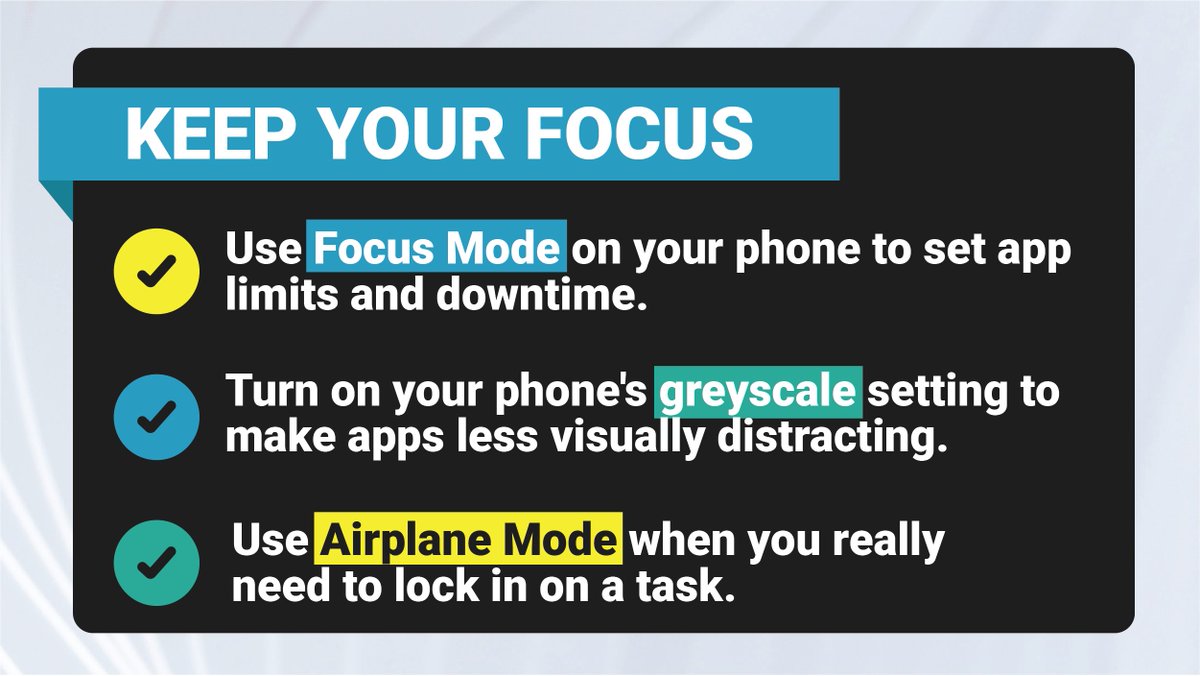 Don’t let your phone take over as you try to get things done! As the semester wraps up, stay focused on what YOU want to get done. ✅ Try setting your phone to greyscale, using Focus Mode to set app limits, or turning on Airplane Mode when you need to limit distractions.