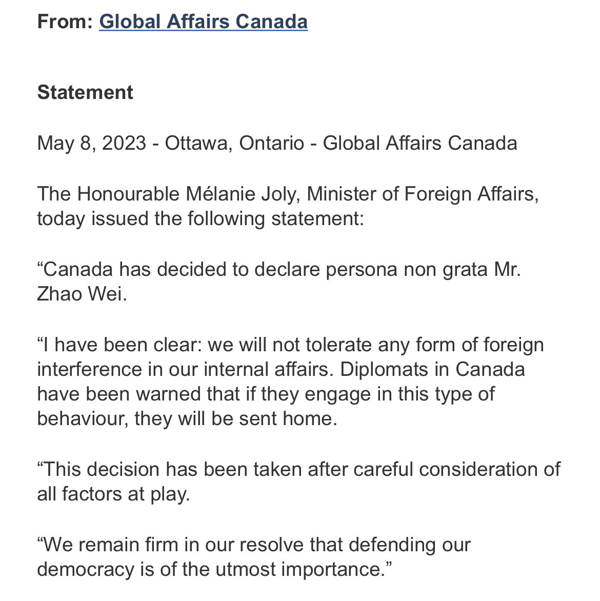 Stephanie Ha (@stephanie_ha) on Twitter photo #BREAKING Foreign Affairs Minister <a href="/melaniejoly/">Mélanie Joly</a> is expelling the Chinese diplomat who targeted MP <a href="/MichaelChongMP/">Michael Chong 🇨🇦</a> and his family back in 2021. #cdnpoli #BREAKING Foreign Affairs Minister <a href="/melaniejoly/">Mélanie Joly</a> is expelling the Chinese diplomat who targeted MP <a href="/MichaelChongMP/">Michael Chong 🇨🇦</a> and his family back in 2021. #cdnpoli