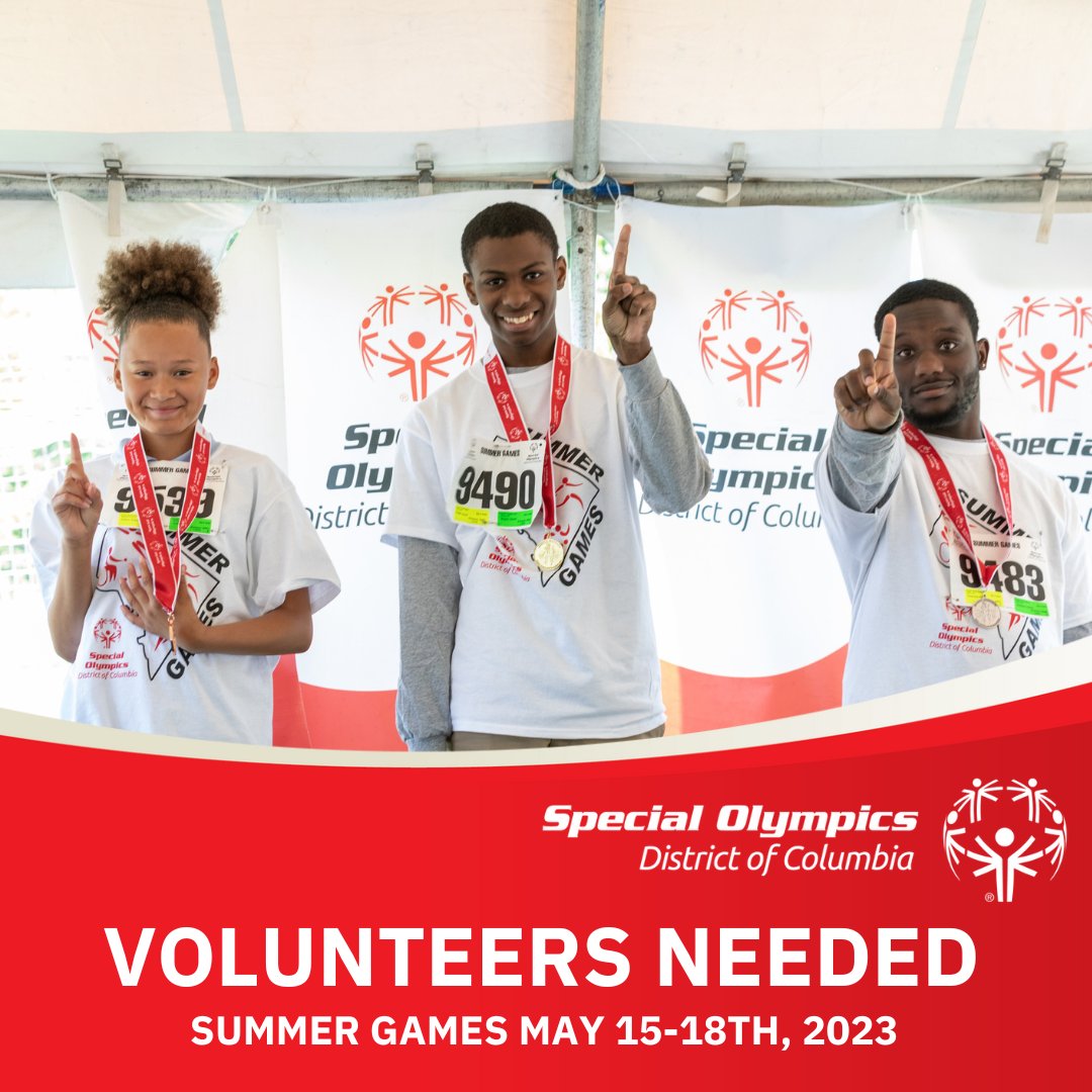 VOLUNTEERS NEEDED! It's not too late to secure your volunteer spot for the 2023 Summer Games May 15-18th at Catholic University! Be a part of DC's largest inclusive sporting event of the year. 🥇

No previous experience necessary! Sign up at: ow.ly/PI3Q50OitAW