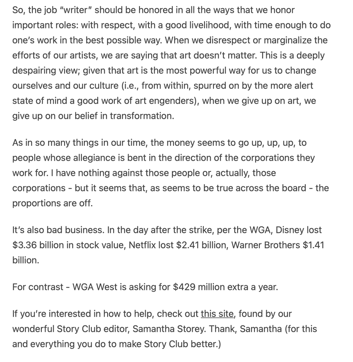 Thank you to the patron saint of good writing, George Saunders, for this beautiful statement of support for the Writers Guild and our fight: georgesaunders.substack.com/p/the-overcoat…