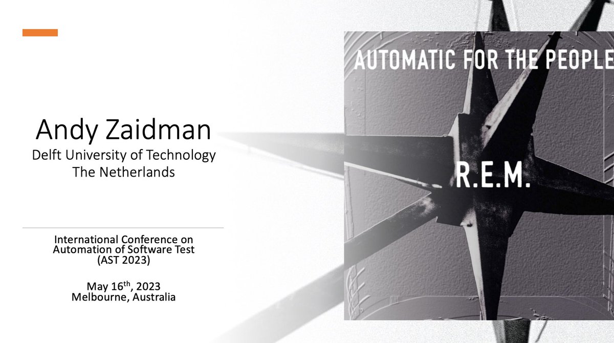 Andy Zaidman (@azaidman) on Twitter photo ⏰Countdown started ⏰
In exactly one week, I will be giving a keynote at <a href="/ASTConference/">ASTConference</a>. All about software testing, the people engineering and working with the tests… and a bit of music*.
*Automatic for the People is the title of R.E.M.’s 1992 album ⏰Countdown started ⏰
In exactly one week, I will be giving a keynote at <a href="/ASTConference/">ASTConference</a>. All about software testing, the people engineering and working with the tests… and a bit of music*.
*Automatic for the People is the title of R.E.M.’s 1992 album