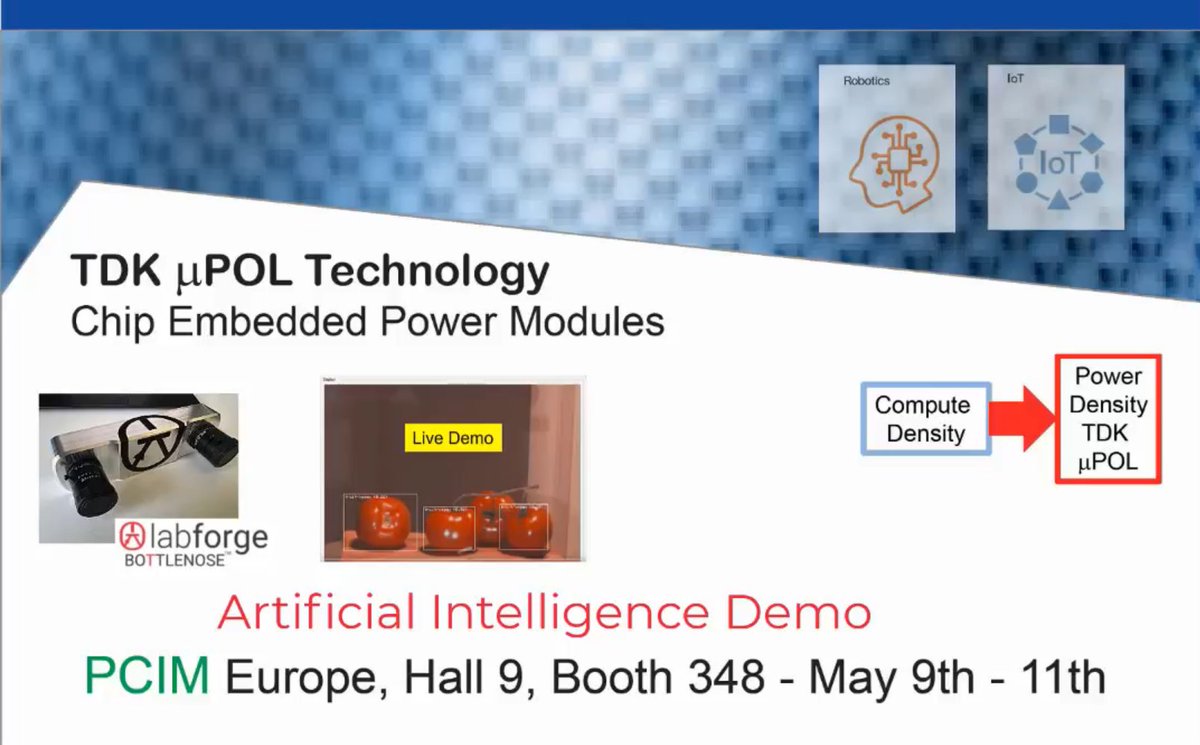 labforge's tweet photo. Come see a live demo of Bottlenose AI at PCIM Europe 2023 in Nuremberg. Featuring TDK uPOLs: power density that enables high compute density applications. #TDK #ai #power #labforge #POL #highdensity #chipembedded #uPOL #pcimeurope #industrialautomation https://t.co/7tz6haKt8h