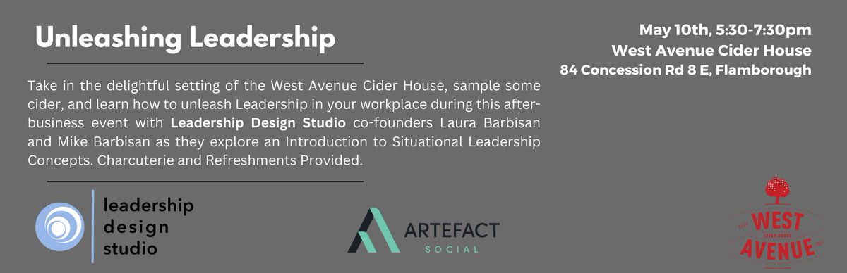 Final event of the Artefact Social Sampler Pack series!
This Wednesday, May 10 at West Avenue Cider House.
Featuring a discussion on how to Unleash Leadership in your workplace with Mike Barbisan, co-founder of Leadership Design Studio.

eventbrite.ca/e/artefact-sam…