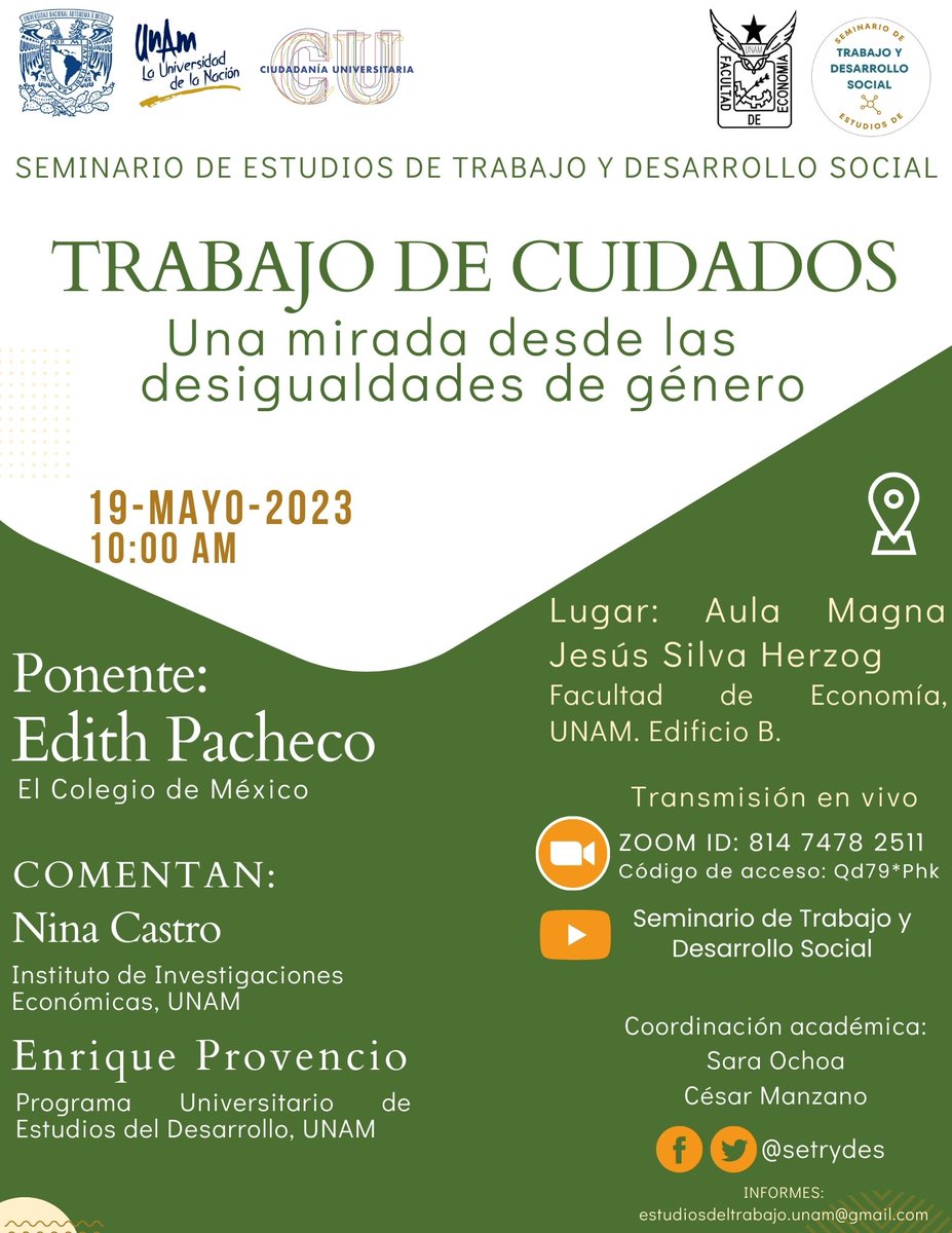 setrydes's tweet photo. 🗓️¡Aparta la fecha!🗓️
Acompáñennos para platicar sobre Trabajo de Cuidados junto a Edith Pacheco de @elcolmex , Nina Castro del @IIEc_UNAM y Enrique Provencio, director del @PUEDUNAM 
🗓️ 19 de mayo 
🕙10am(CDMX)
📍Aula magna Jesús Silva Herzog, Facultad de Economía, UNAM https://t.co/ejbNbbDZLO