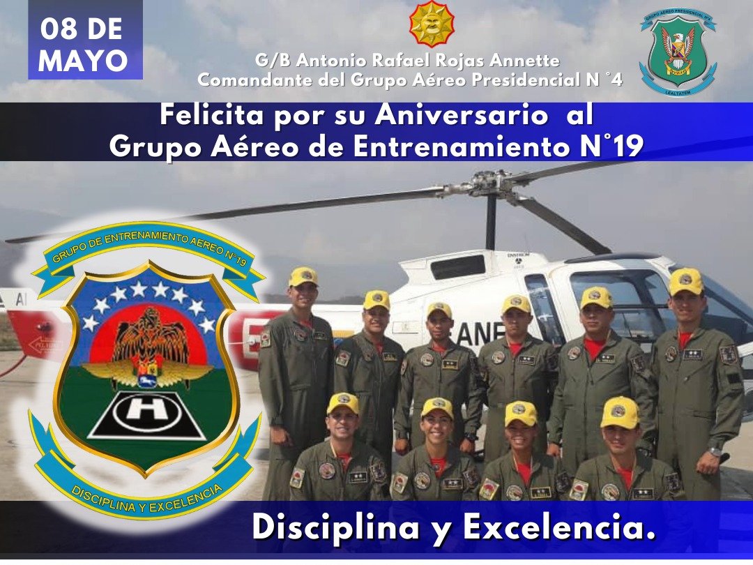 Hoy #8May ||✈️🇻🇪 felicitamos al Grupo de Entrenamiento Aéreo Nro. 19 por cumplir 9 años de creación formando hombres y mujeres futuros pilotos Aviadores Militares de Ala Rotatoria de nuestra 
@AviacionFANB

y de la #FANB

 ¡FELICITACIONES!