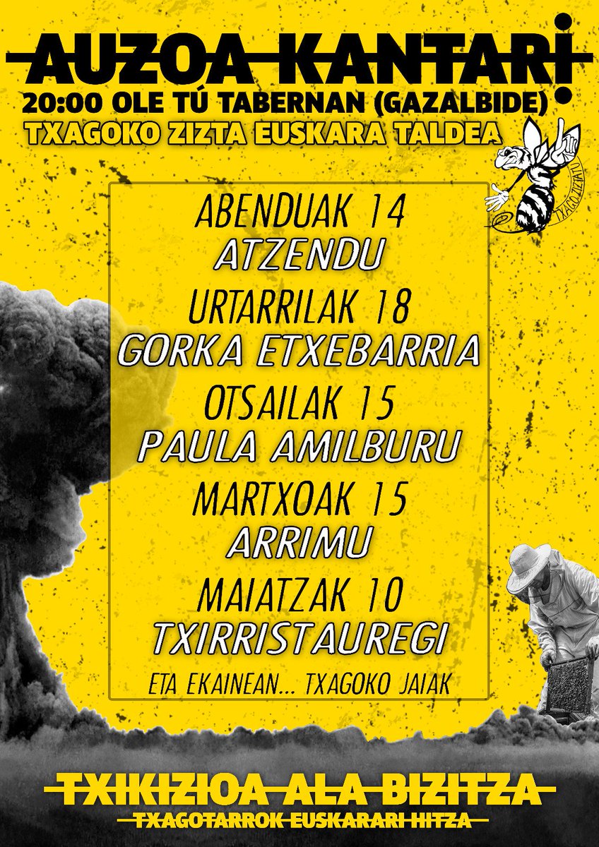 🎶 TXIRRISTAUREGI 🎶

🗓️ASTEAZKENEAN
🕗20:00ETAN
📍OLE TU TABERNAN

#auzoakantari