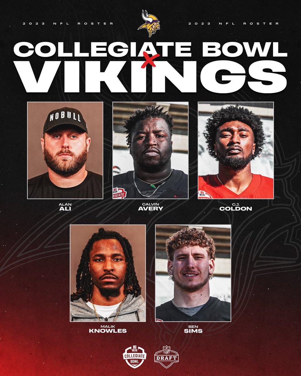 NFLPABowl's tweet photo. The #NFLPABowl Class of ‘23 continues to impress. Congrats to these five on signing with the @vikings 👏🗡️

#NFLPABowlAlums #Skol https://t.co/cTiTOHneul