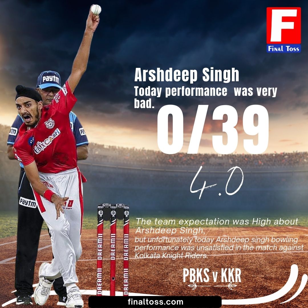 FinalToss's tweet photo. Arshdeep Singh
Today performance was very bad.
0/39
4.0
but unfortunately today Arshdeep singh bowling performance was unsatisfied in the match against Kolkata Knight Riders.
TATA IPL 2023
#finaltoss I #KKR I #PBKS I #ipl
Visit: https://t.co/5bHun95FSz
#KKRvPBK | #ipl2023❤️ https://t.co/v3ENzonFou