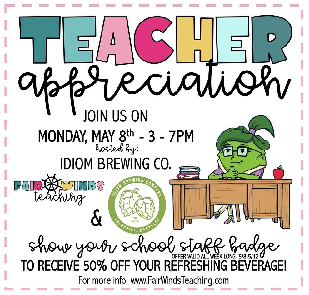 // ✨ TODAY!! ✨//

Join us at <a href="/idiombrewingco/">idiombrewingco</a> for a teacher IG meet up and day to appreciate educators!! Every educator/school staff member that shows their staff badge will receive 50% off their full pour beer!! 🍺 {Valid - 5/8-5/12)

You will also re… instagr.am/p/Cr_md4gv_Wc/