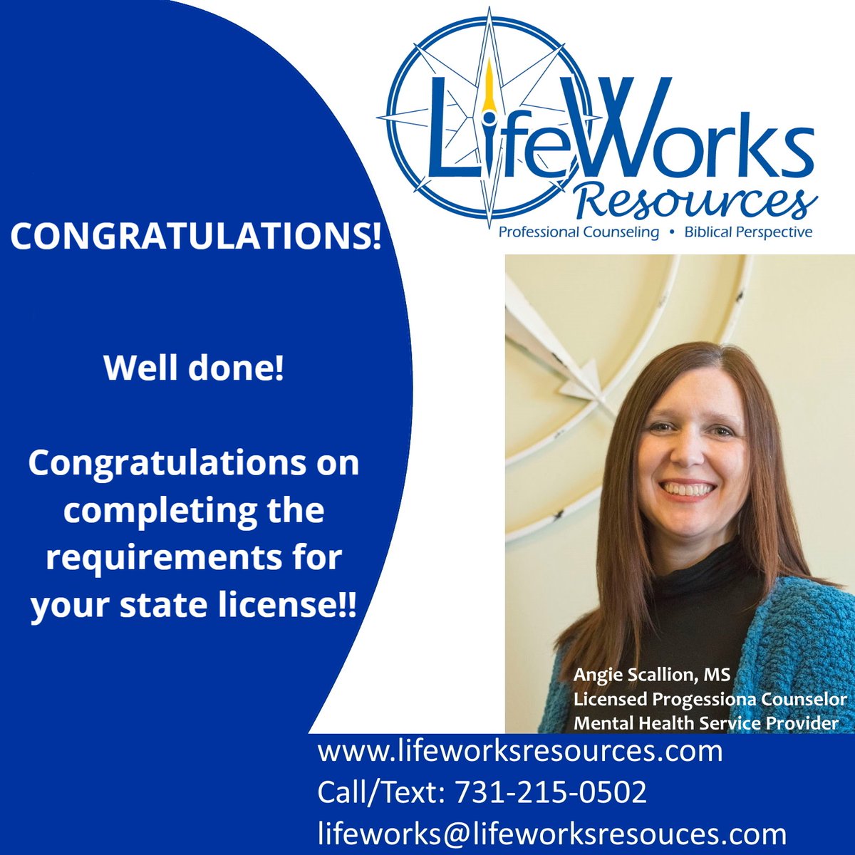 LifeWorksRes's tweet image. Angie, congratulations on becoming state licensed! You are a great asset to the community, the mental health profession, and LifeWorks Resources!
#Counseling #MentalHealth #Recovery #RecoveryWorks #TherapyWorks #TalkTherapy #ChristianCounseling #JacksonTN