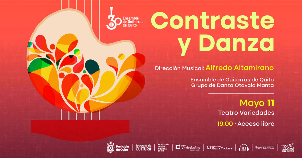 ⭐ El próximo jueves 11 de mayo, en el Teatro Variedades, el Ensamble de Guitarras de Quito junto al grupo de danza Otavalo Manta presentarán un evento para disfrutar las diferentes danzas latinoamericanas.  

Acceso libre.

#SOMOSFTNS #QuitoArteYCultura