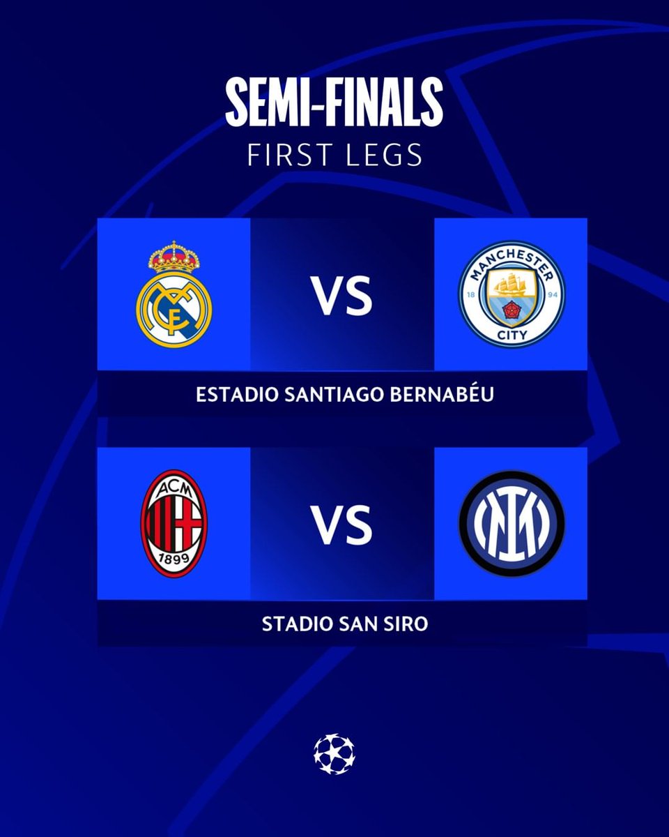 istanbulx1453's tweet photo. Yarı final ilk maçları başlıyor⤵️⤵️
09 May #RMAMCI Tsi 22:00
10 May #MilanInter Tsi 22:00
#istanbul2023 #roadtoistanbul #UCLfinal #UCL #UCLdraw #UCLFinal23 https://t.co/ykvRWdpLOY