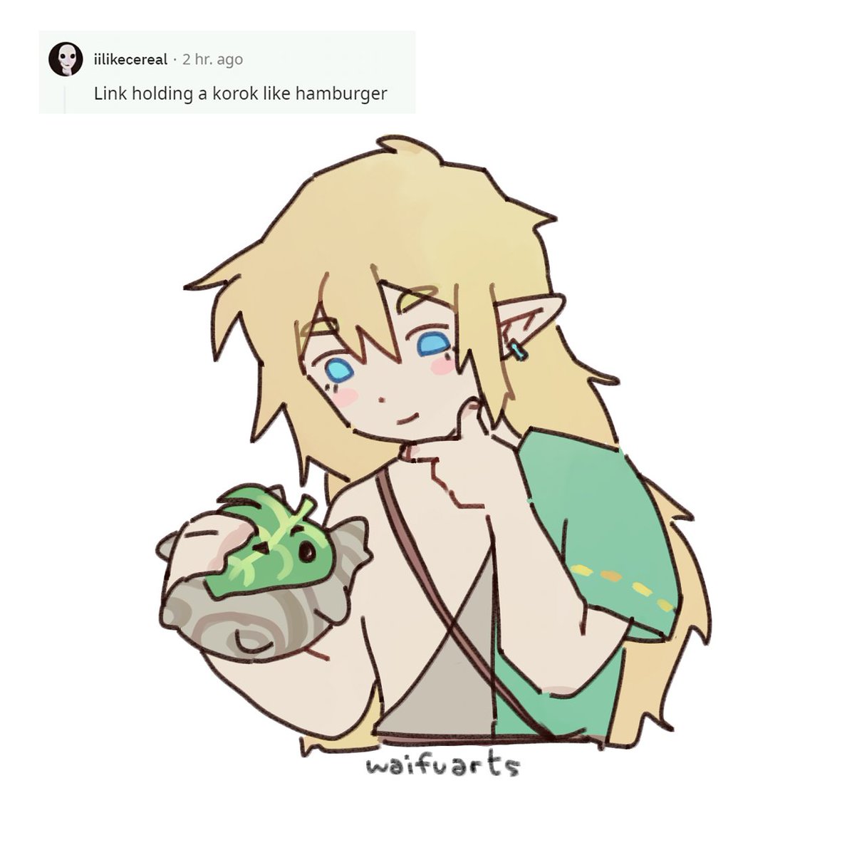 リンク(ゼルダの伝説) 「Link holding a Korok like hamburger  #to」|waifuのイラスト