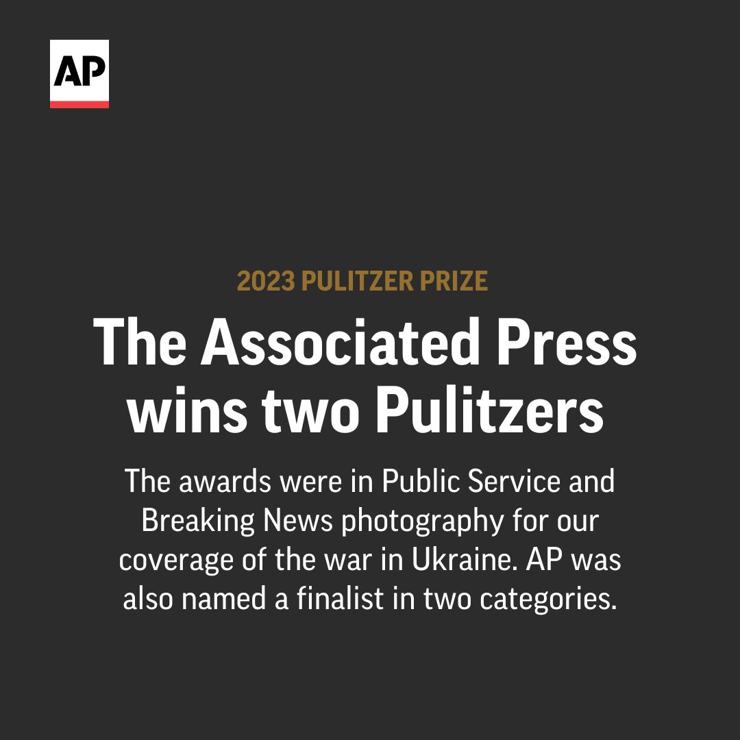 BREAKING: The Associated Press wins two Pulitzers for coverage of war in Ukraine, including the public service award for work of Mstyslav Chernov, Evgeniy Maloletka, Vasilisa Stepanenko and Lori Hinnant documenting Russia’s siege of Mariupol. bit.ly/41bcGqx