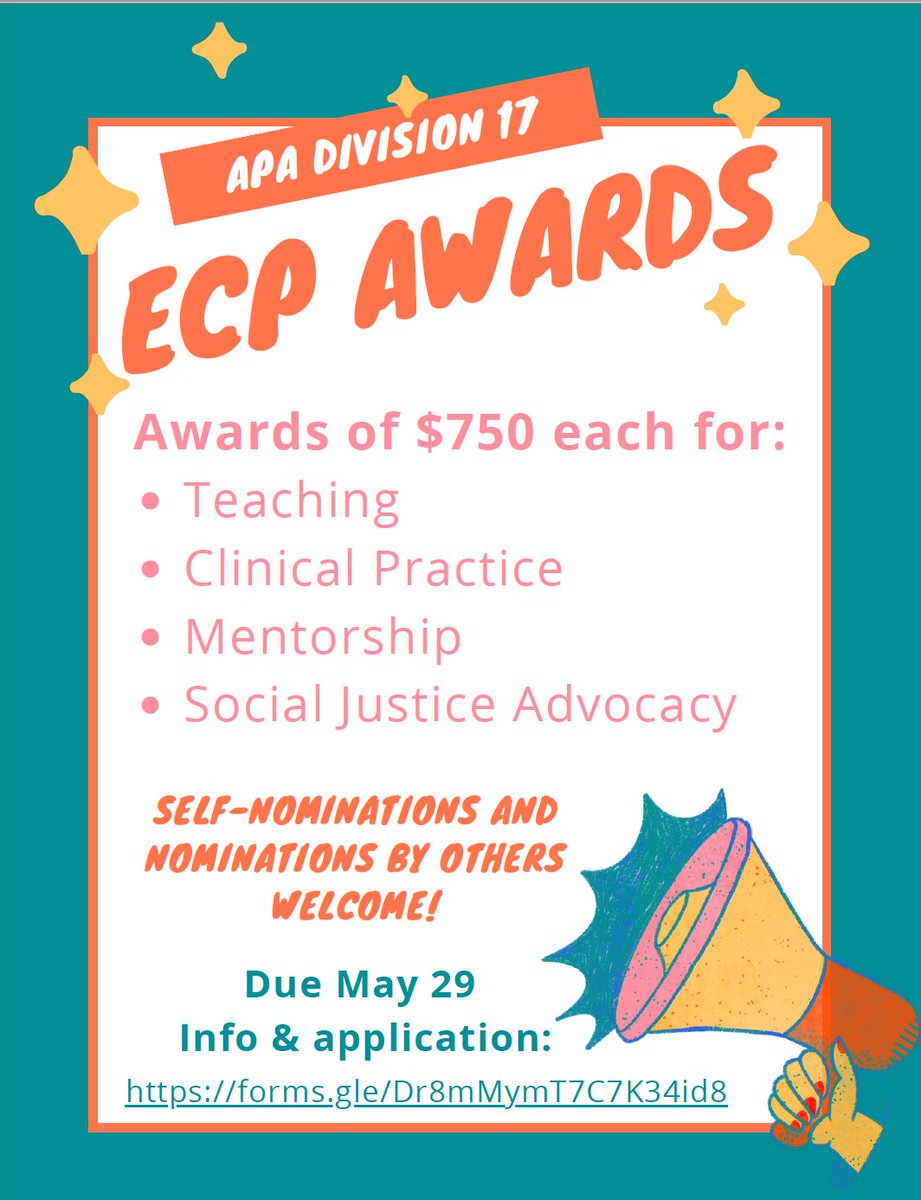 Calling all Early Career Counseling Psychologists! The ECPC of D17 is pleased to solicit nominations for the following awards: Teaching, Clinical Practice, Mentorship, & Social Justice Advocacy Award. The recipients will each receive $750. Due 5/29/23. forms.gle/Dr8mMymT7C7K34…