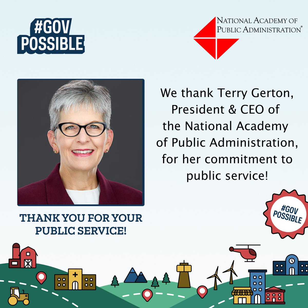 napawash's tweet photo. This Public Service Recognition Week, we thank our Academy President & CEO Terry Gerton for her commitment to #publicservice! #PSRW #GovPossible #NAPAFellow #NAPAImpact #leadership https://t.co/fwdIG2ZtdG