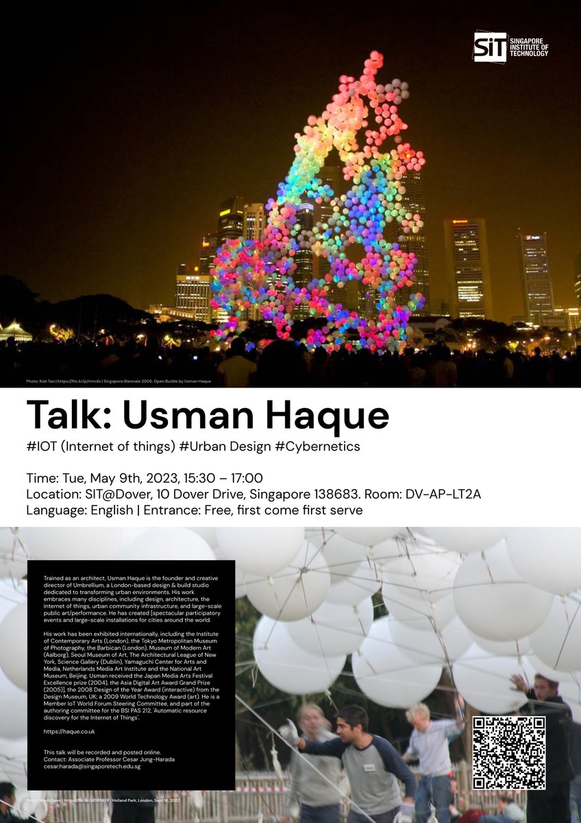 Today (Tue), very exciting #talk at <a href="/singaporetech/">Singapore Institute of Technology</a>  by #Usman #Haque <a href="/uah/">usman haque</a> . #Architecture #Performance #iot #cybernetics #UK Free, first come first serve. The talk will also be live here: lnkd.in/gGekurzf@singa…