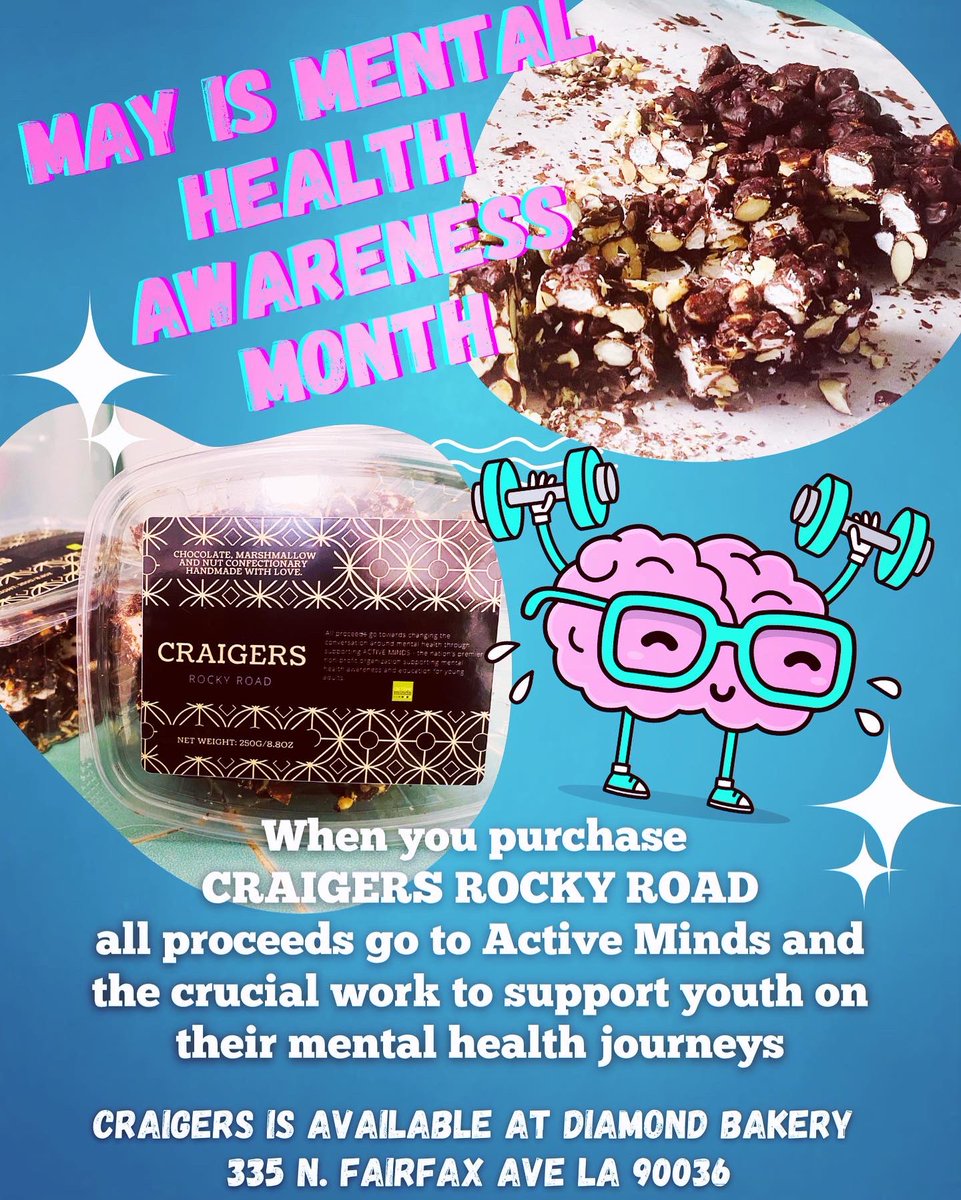 GeorgiaVanC's tweet image. May is mental health awareness month! I just dropped off fresh CRAIGERS to @DiamondBakeryLA on Fairfax all proceeds  support @Active_Minds in their work to help young people on the mental wellness journey! #MentalHealthAwarenessMonth  #mentalhealth #MentalHealthMatters #rockyroad