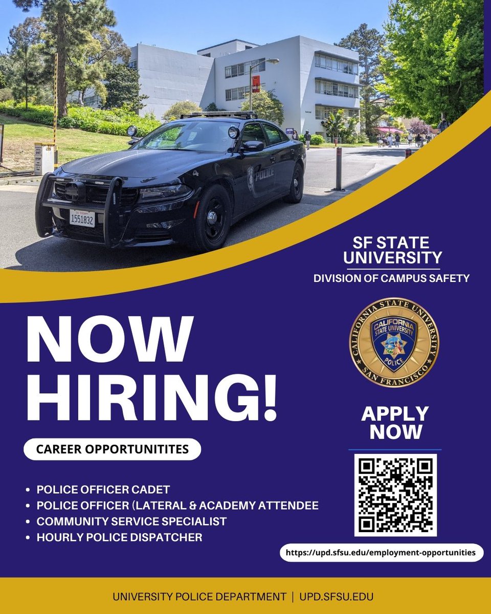 We are hiring!
Join our team and make a difference in the SF State community. We are currently hiring an entry-level Police Cadet and other positions. For more info, check out upd.sfsu.edu/employment-opp…

#SFStatePD